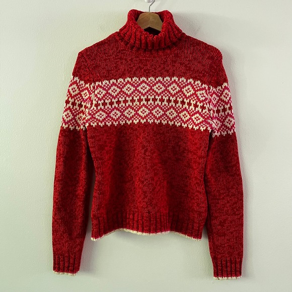 GAP Vintage 100% Lambswool Fair Isle Sweater Red Turtleneck Knit size medium - Picture 1 of 11